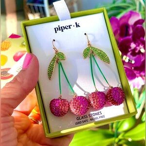 Piper K NIB Cherry Earrings Glass Stones Dangle Red Pink Green